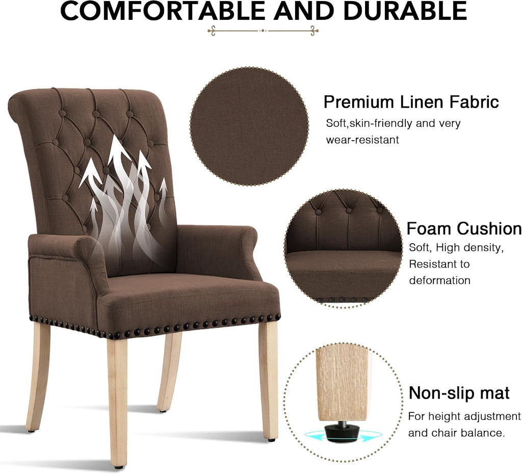 LOULENS Fabric Dining Chairs, Modern Upholstered Tufted Dining Room Chairs with Arms and Solid Wood Legs for Home, Kitchen Living Room, Brown