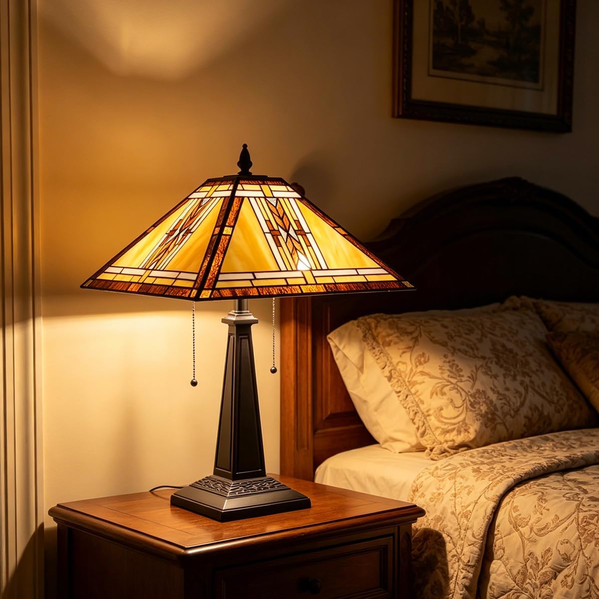 Tiffany Table Lamp,Mission Style Stained Glass Table Light,Antique Style 16 inch Large Desk Lamp,2 Lights Vintage Beside Reading Lamp for Living Room Bedroom Office