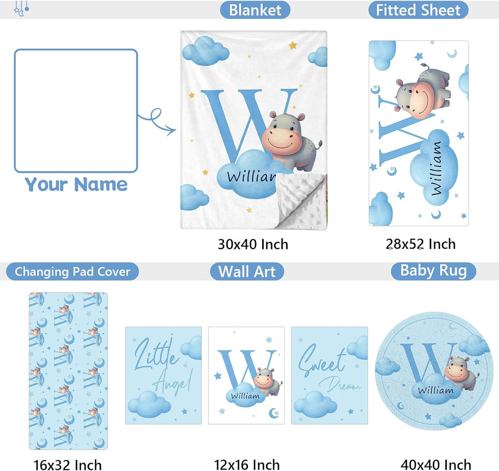 KAINSY Custom Crib Bedding Set, 5 Pcs Personalized Name Monogram Baby Crib Sets for Infants Toddlers, Blue Hippo Nursery Bedding Set for Boys Girls, Double Layer Baby Bedding Sets Customized Gifts