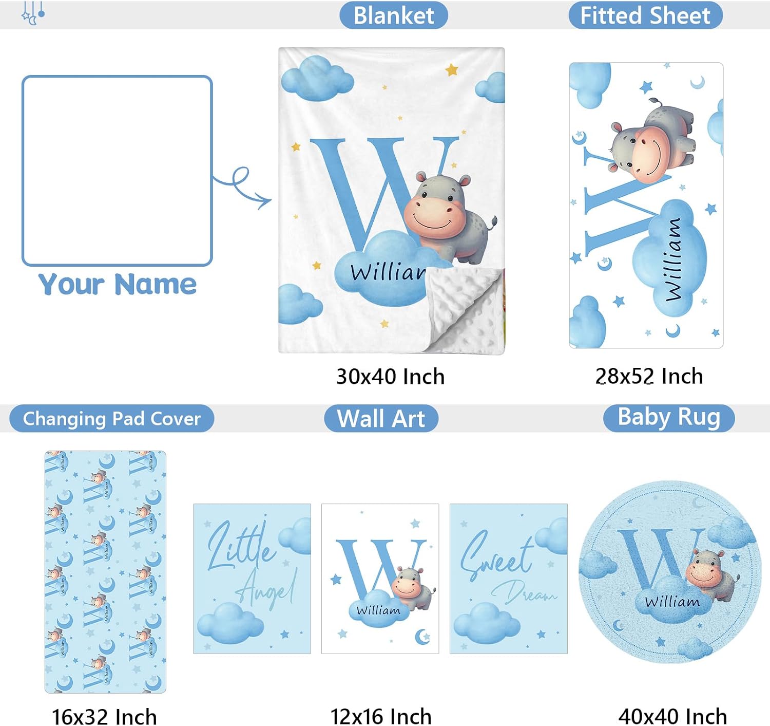 KAINSY Custom Crib Bedding Set, 5 Pcs Personalized Name Monogram Baby Crib Sets for Infants Toddlers, Blue Hippo Nursery Bedding Set for Boys Girls, Double Layer Baby Bedding Sets Customized Gifts