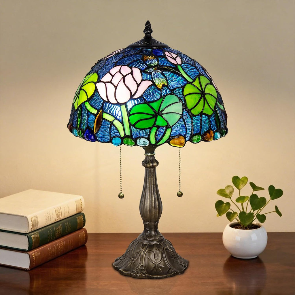 Tiffany Table Lamp, Flower Stained Glass Lamp,12 Inch Tiffany Style Lamp for Bedroom Living Room Home, Handcrafted Light, Included Bulb