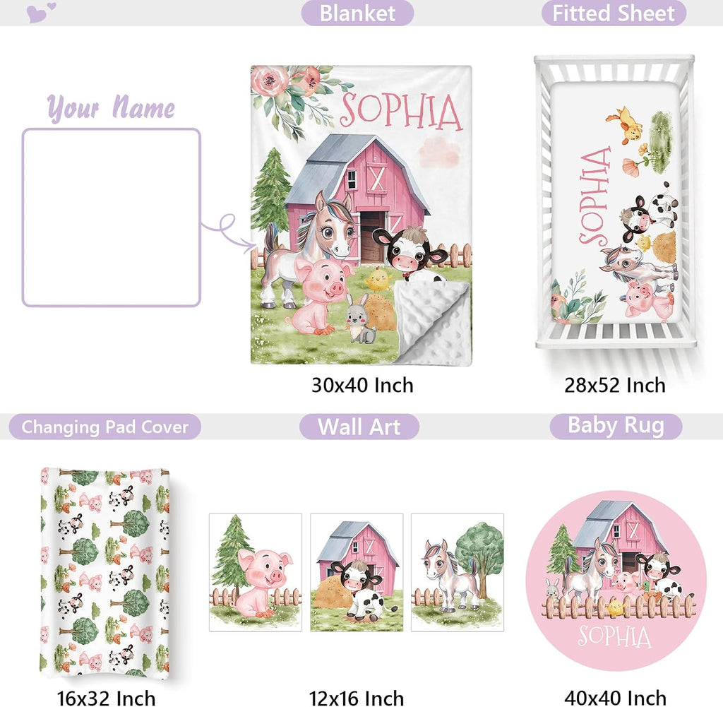 Personalized Baby Crib Bedding Set, 5 Pcs Custom Name Nursery Bedding Set for Girls Boys, Farm Animals Baby Crib Set for Toddlers Infants, Double Layer Bedding Crib Sets Customized Gifts