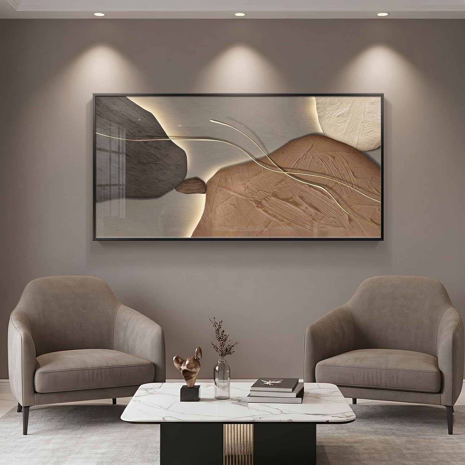Framed Abstract Horizontal Wall Art for Living Room, Extra Large Brown and Tan Modern Artwork for Walls, Contemporary Elegant Picture Prints Paintings for Bedroom Dining Room Wall Decor, 56x28 Inch