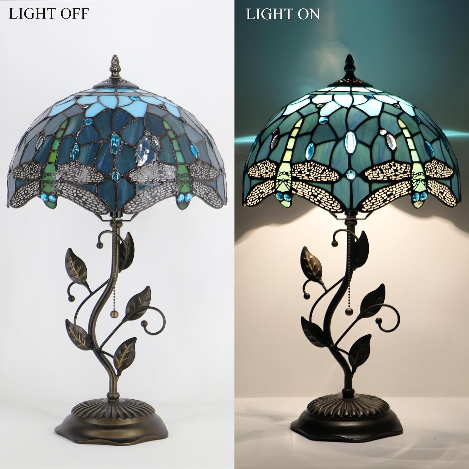 Tiffany Table Lamp Stained Glass Desk Lamp Metal Leaf Base Reading Light 12X19 Inch (Sea Blue Dragonfly)