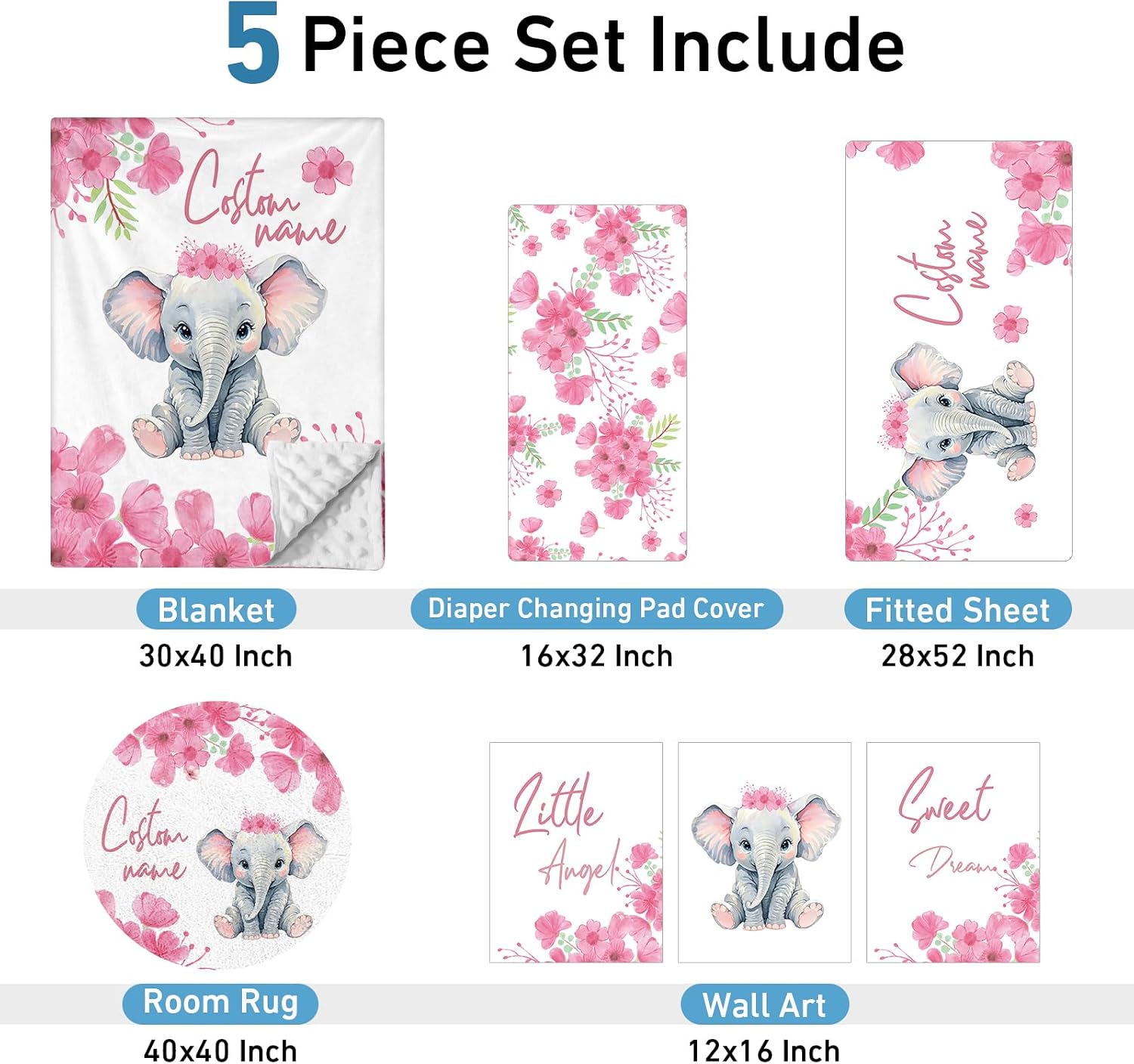 Personalized Baby Crib Bedding Set: 5 Piece Custom Gift Calf Elephant Cow Crib Bed Set with Name,Nursery Bedding Set for Toddler Girls Crib,Infant Boys Crib Sets, Floral Crib Bedding Gifts(Fixed Size)