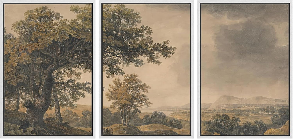 MUDECOR Framed Wall Art Print Set Vintage Landscape Rustic Tree and Mountain View Illustrations Decorative Colorful for Living Room, Bedroom, Office - 24'x36'x3 White
