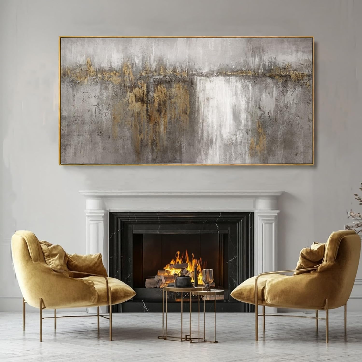 White and Gold Artwork for Walls Abstract Framed Poster Print 24'x48' Canvas Wall Art for Bedroom Neutral Artwork Decor for Office