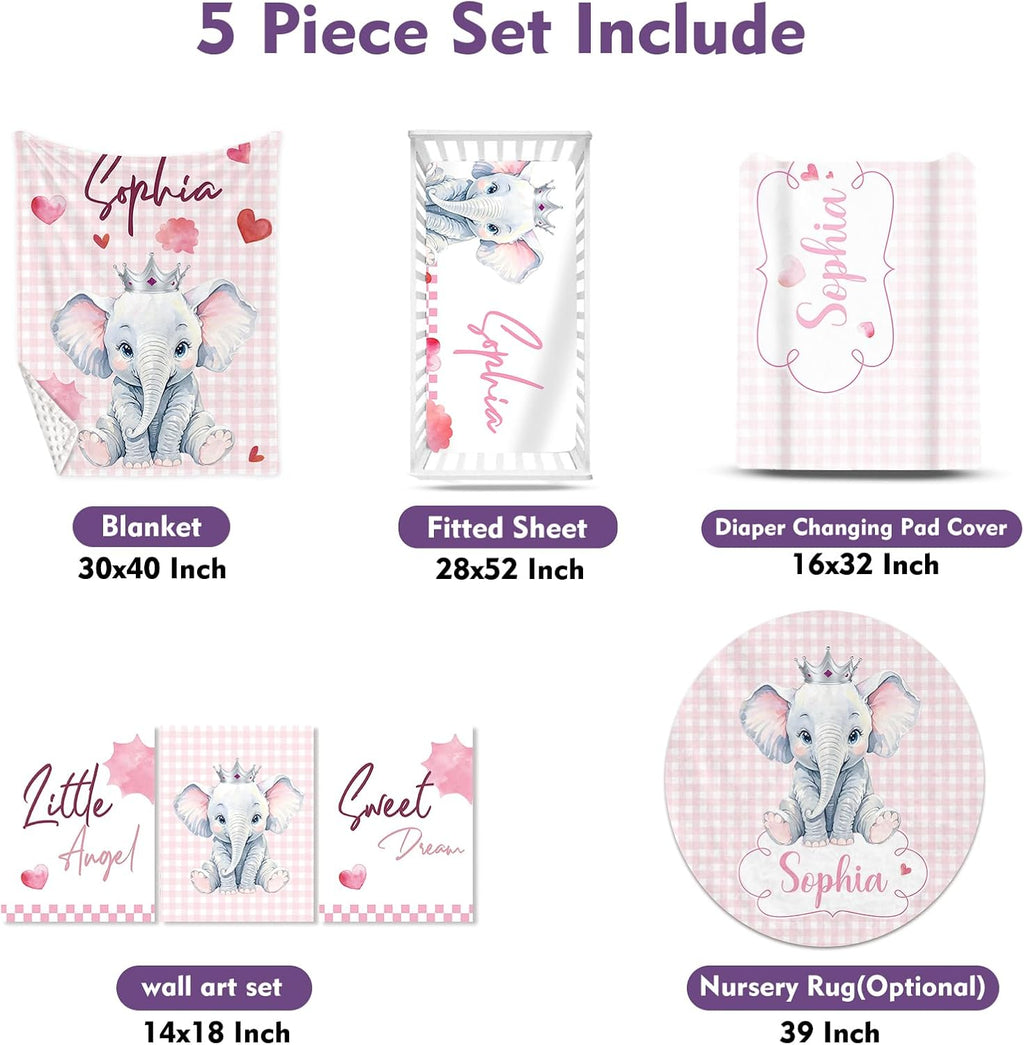 Personalized Nursery Crib Bedding Set: Custom Name Pink Checkered 5 Piece Baby Crib Sets with Cute Elephant Pattern - Toddler Double Layer Blanket Set, Comfortable Crib Bed Sheets for Baby Grils