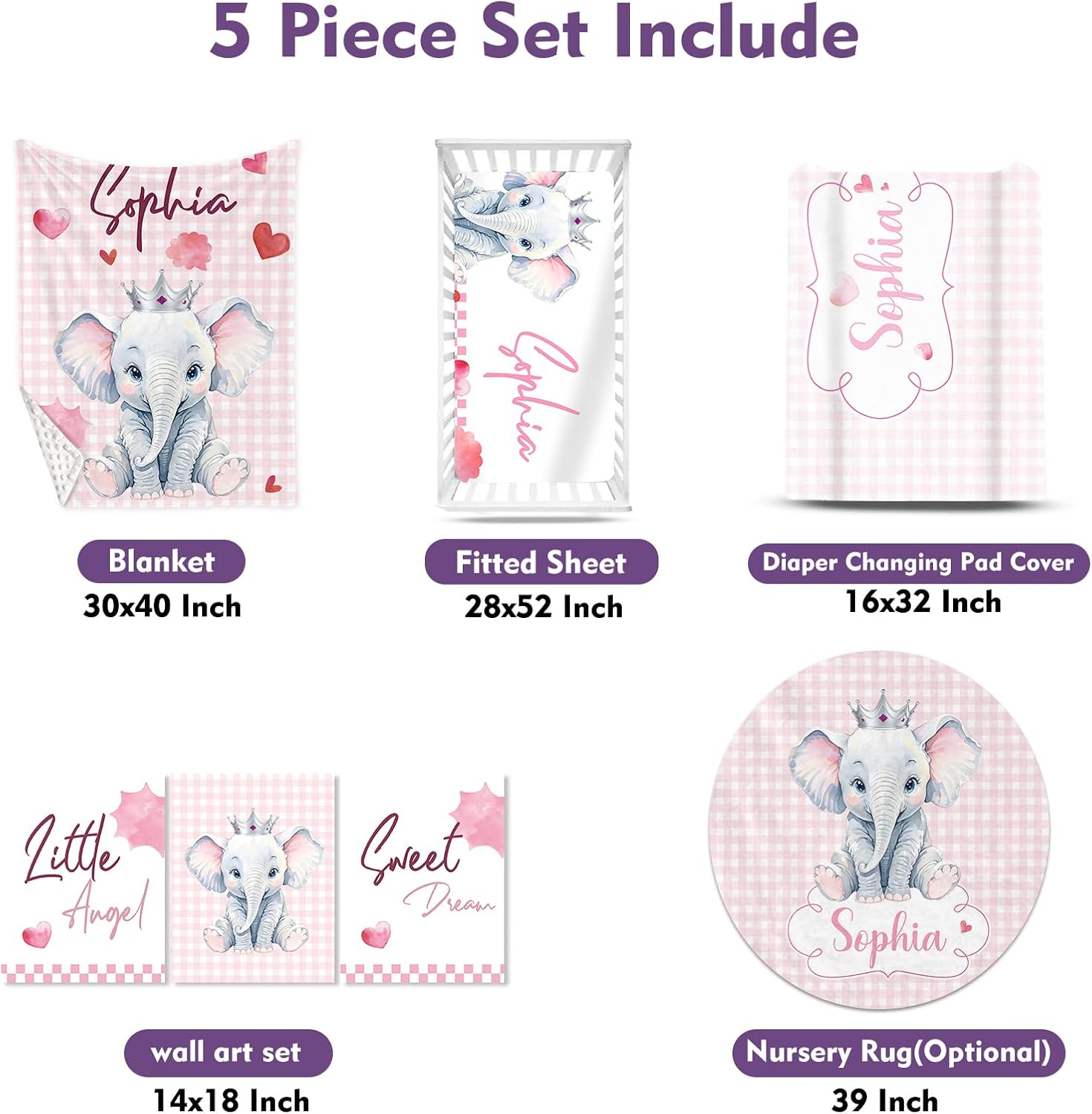 Personalized Nursery Crib Bedding Set: Custom Name Pink Checkered 5 Piece Baby Crib Sets with Cute Elephant Pattern - Toddler Double Layer Blanket Set, Comfortable Crib Bed Sheets for Baby Grils