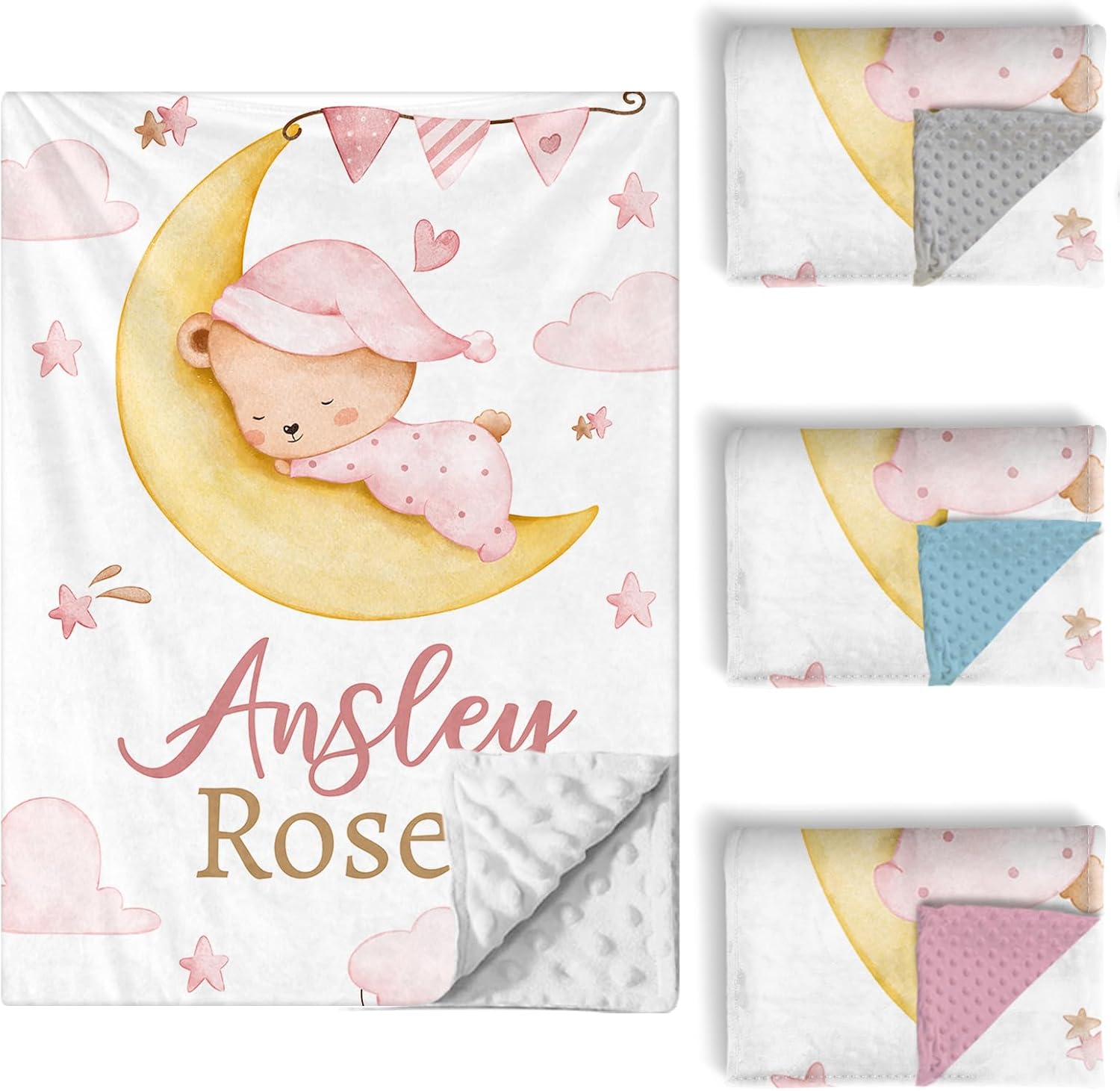 Custom Baby Crib Bedding Set, 5 PCS Personalized Name Baby Crib Sets for Girls Boys, Pink Bear Theme Nursery Bedding Sets for Infant Toddler, Double Layer Flannel Bed Set Customized Gifts