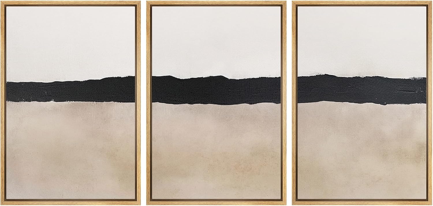 MUDECOR Framed Wall Art Print Set Minimalist Abstract Black Horizontal Brushstroke Illustrations Modern Art Boho Decorative Colorful Chic for Living Room, Bedroom, Office - 24'x36'x3 Natural