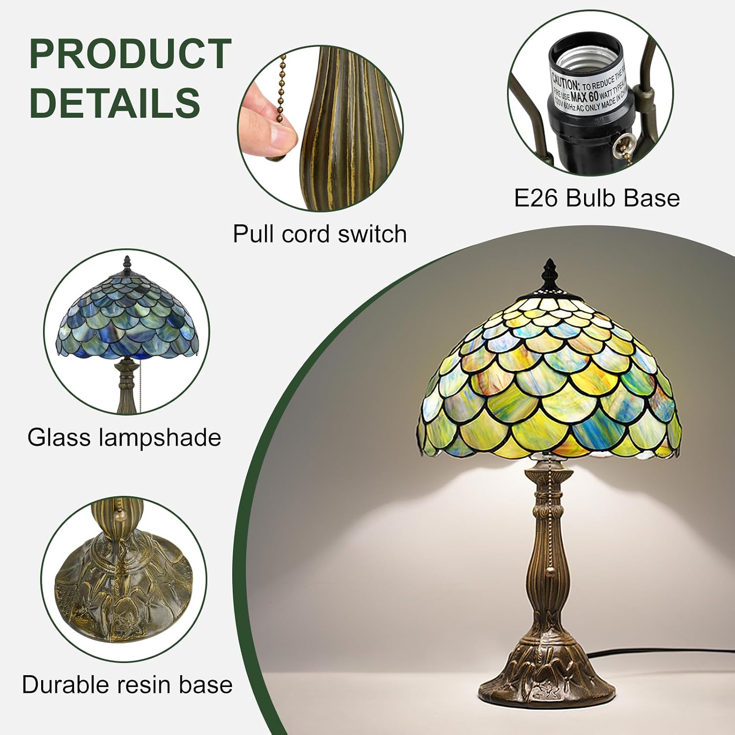 MOAN Lamp Stained Glass Table Lamp 12X12X19 Inch Bedside Reading Light Antique Bronze Base(Green Fish Scale Style)