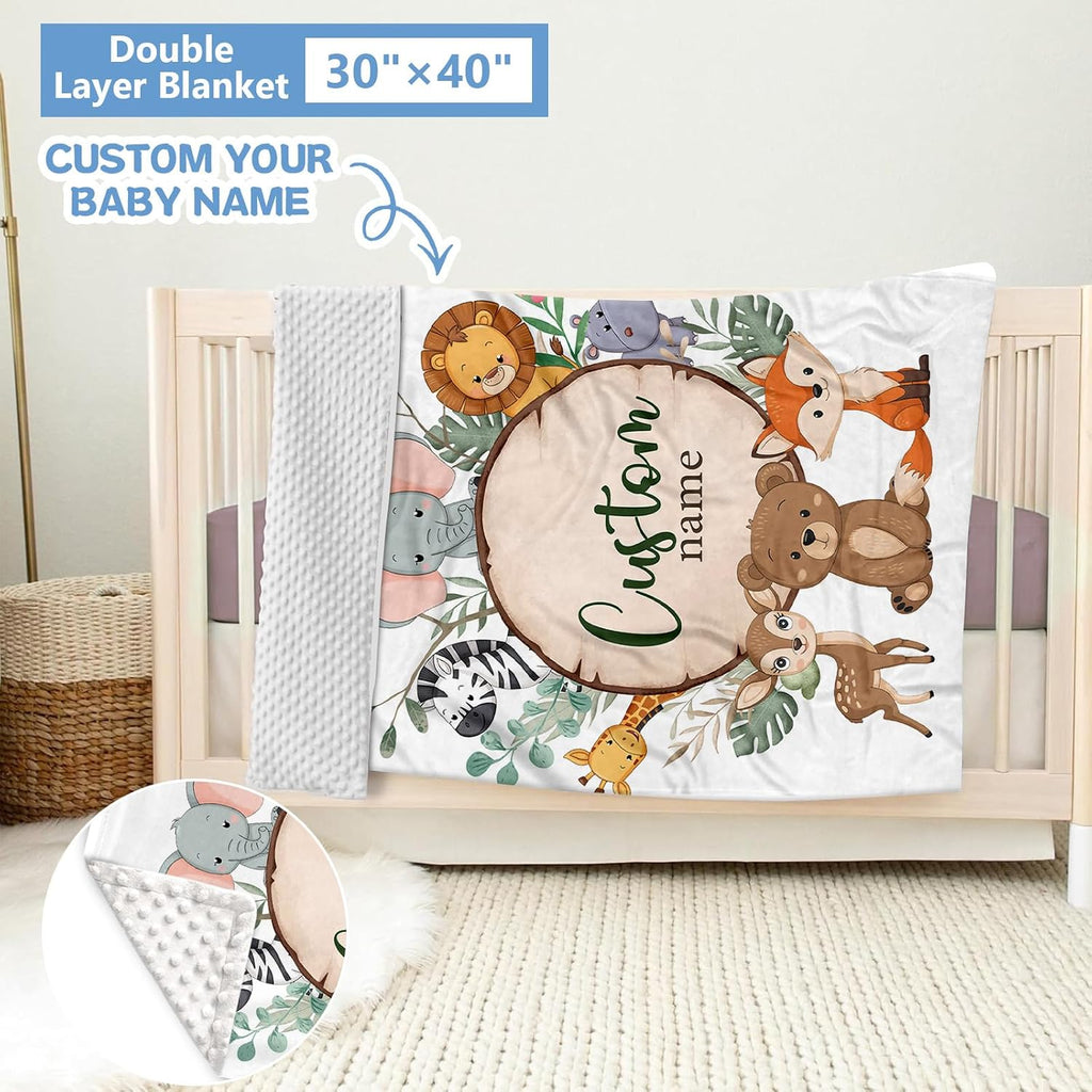KAINSY Personalized Baby Crib Bedding Set, 5 Pcs Custom Nursery Bedding Set for Girl Boy, Soft Jungle Animals Crib Set with Name, Double Layer Baby Bedding Crib Set, Toddlers Infants Customized Gift