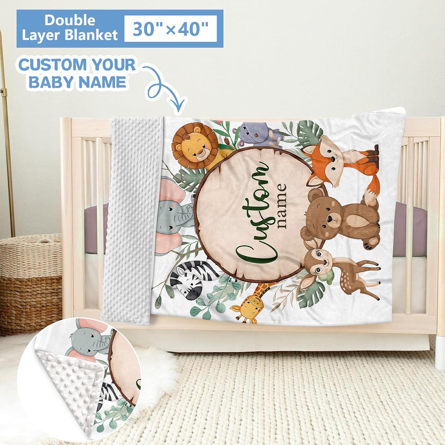 KAINSY Personalized Baby Crib Bedding Set, 5 Pcs Custom Nursery Bedding Set for Girl Boy, Soft Jungle Animals Crib Set with Name, Double Layer Baby Bedding Crib Set, Toddlers Infants Customized Gift