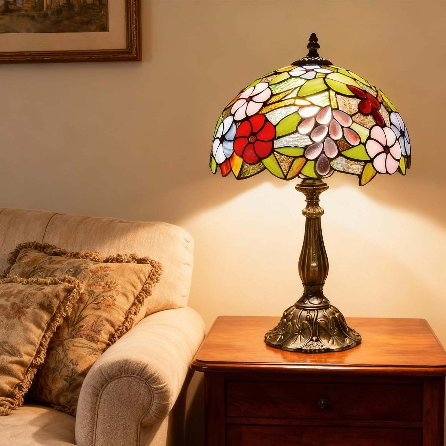 Tiffany Style Green Stained Glass Table Lamp, Purple Grape Colorful Blossom Desk Light with Antique Bronze Resin Base, Decorative Lighting for Bedroom, Living Room, Office 12X12X19 Inch