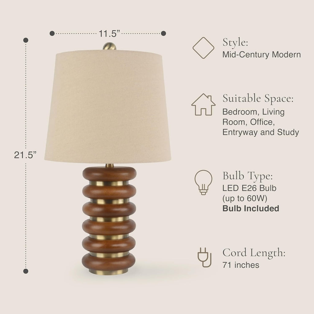 Abani Table Lamp Thalia Stacked Ring 21.5' – Mid-Century Modern Brown Wood Base with Wheat Linen Shade – E26 Bulb Included – Stylish Desk Lamp for Bedroom, Living Room, Dorm or Nightstand