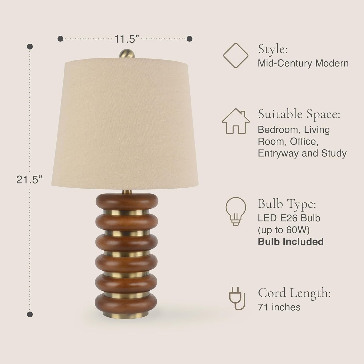 Abani Table Lamp Thalia Stacked Ring 21.5' – Mid-Century Modern Brown Wood Base with Wheat Linen Shade – E26 Bulb Included – Stylish Desk Lamp for Bedroom, Living Room, Dorm or Nightstand