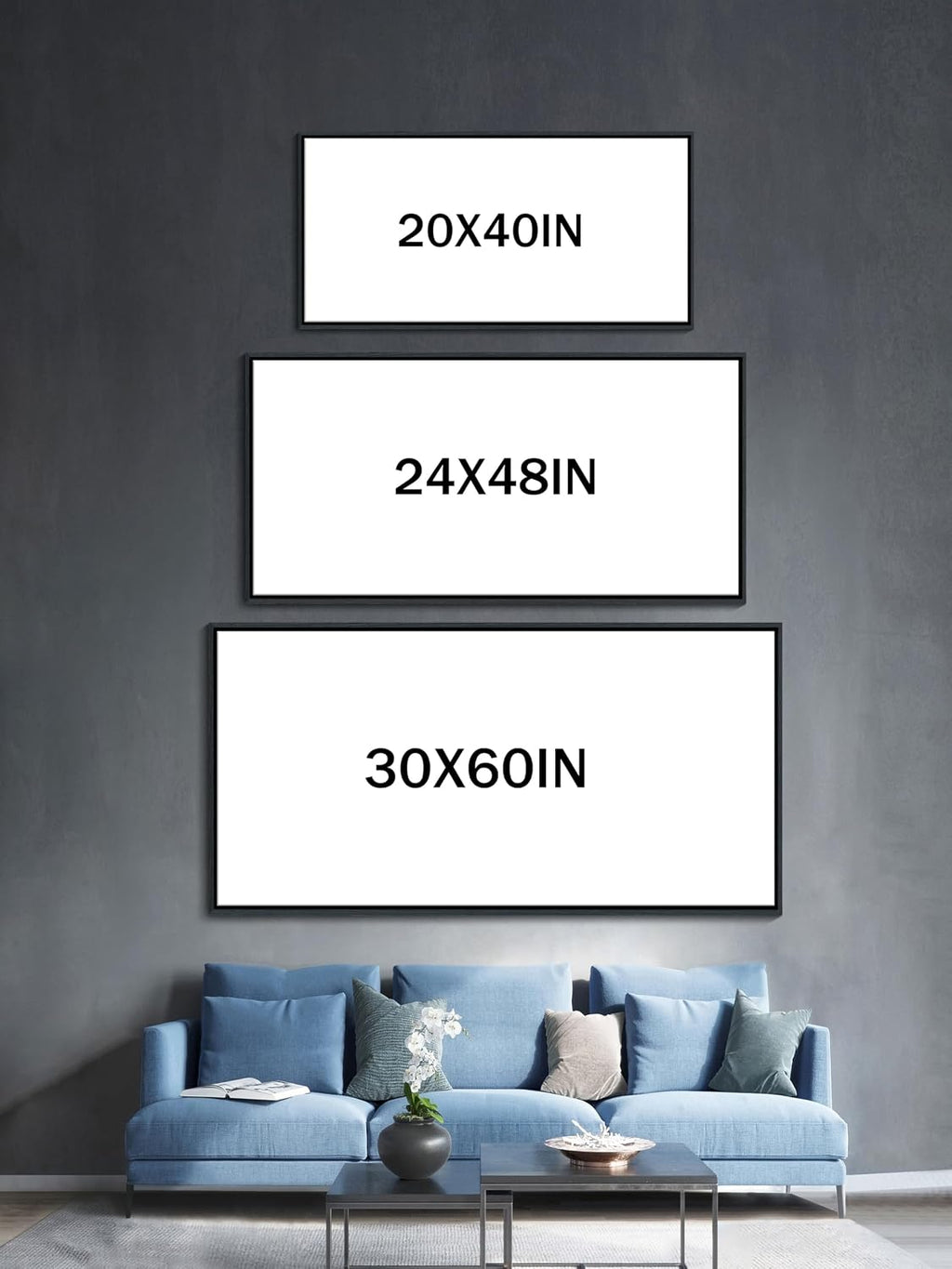 Abstract Line Art Framed Canvas - Modern Blue and Grey, Large 24x48 Inches, Minimalist Bedroom & Living Room Art, Ready to Hang
