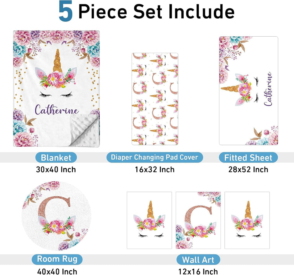 Dyoart Personalized Baby Crib Bedding Set - 5 Piece Custom Baby Crib Sets with Name, Nursery Bedding Set for Baby Girls Crib Unicorn Design Gift Idea Double Layer Blanket Set(Fixed Size)