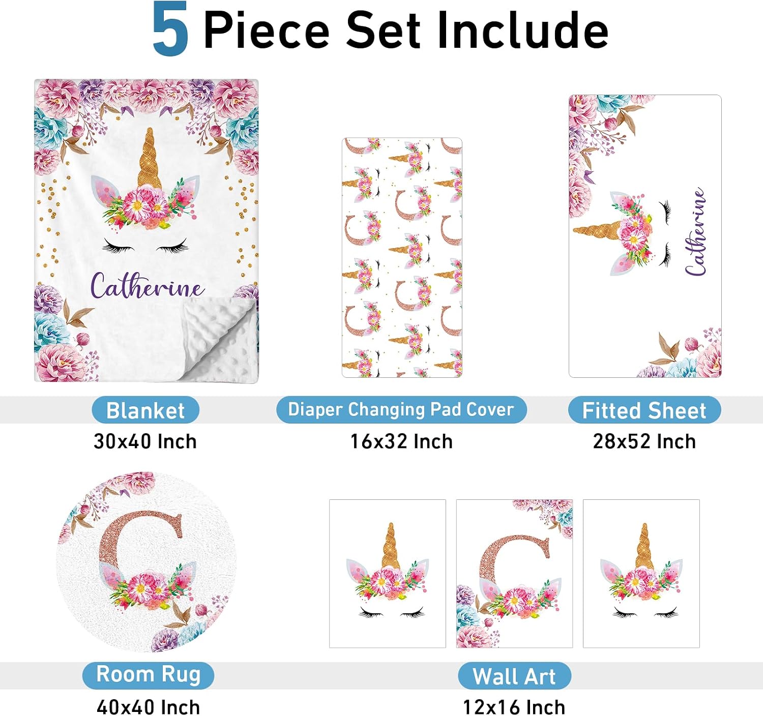 Dyoart Personalized Baby Crib Bedding Set - 5 Piece Custom Baby Crib Sets with Name, Nursery Bedding Set for Baby Girls Crib Unicorn Design Gift Idea Double Layer Blanket Set(Fixed Size)