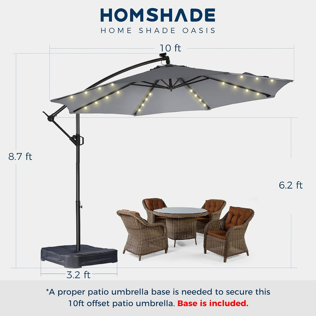 HOMSHADE 10ft Solar Lights Offset Cantilever Patio Umbrella - wtih Light and Base, LED Lighted Offset Hanging Patio Outdoor Market Umbrella UPF50+ UV Protection with Easy Tilt and Crank (Grey)