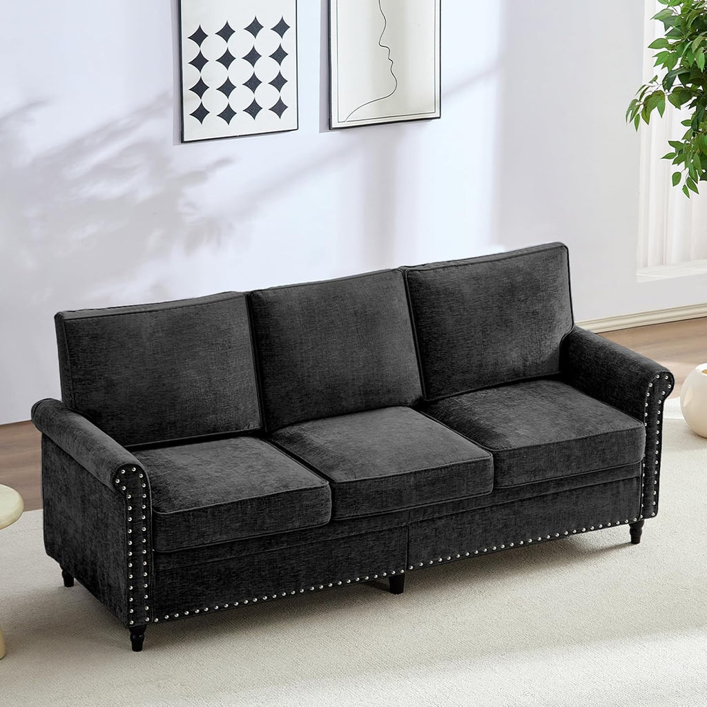 Mjkone 76' Chenille Sofa Couch, 3-Seater Living Room Sofa with Wood Frame, Gourd Shape Wood Legs, 6.7' Thickened Soft Cushion, Rivet Design, Mid Century Modern Couch for Small Spaces, Apartment, Black
