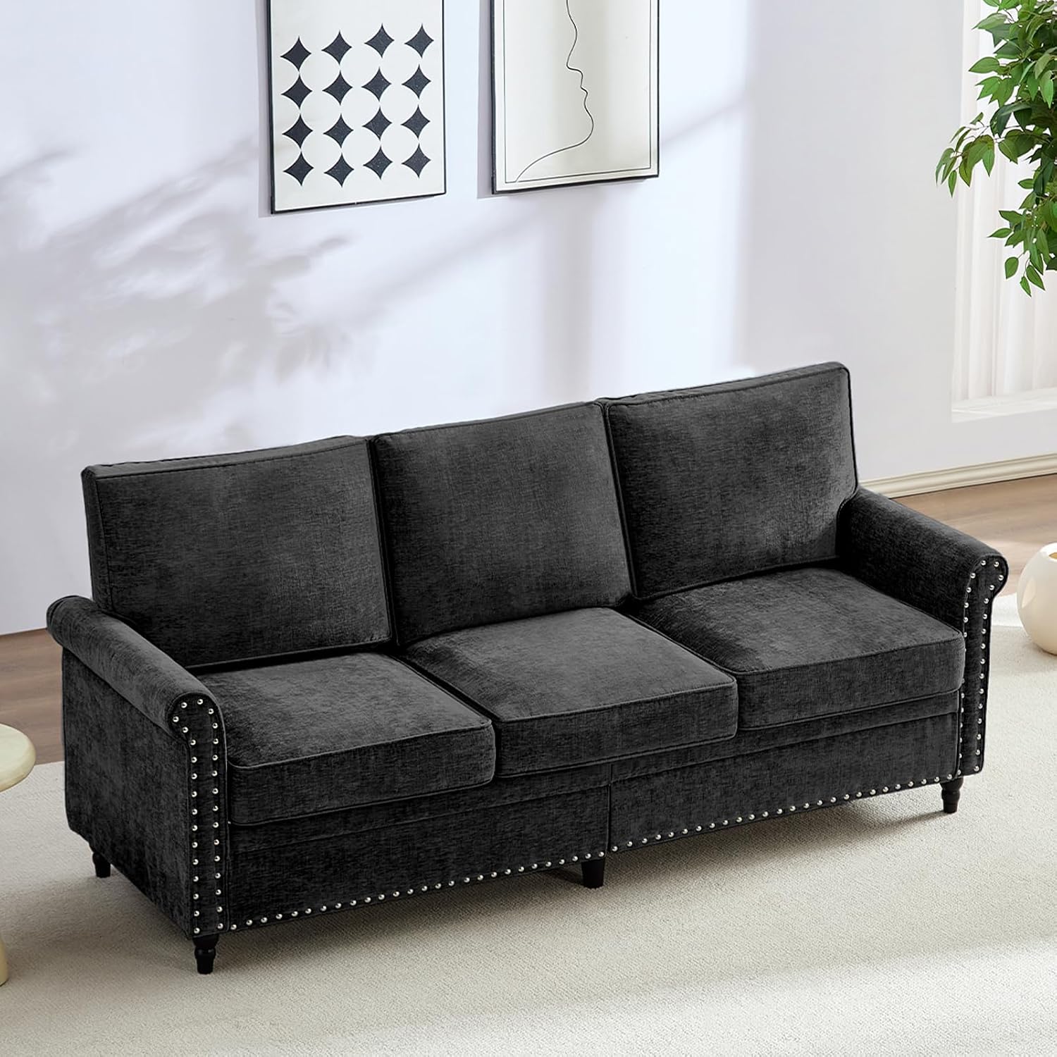 Mjkone 76' Chenille Sofa Couch, 3-Seater Living Room Sofa with Wood Frame, Gourd Shape Wood Legs, 6.7' Thickened Soft Cushion, Rivet Design, Mid Century Modern Couch for Small Spaces, Apartment, Black