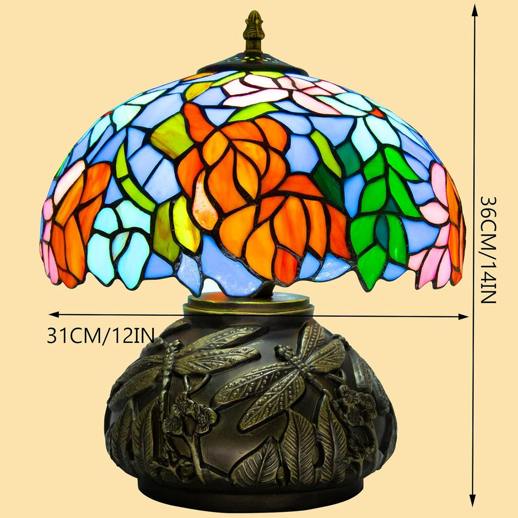 Tiffany Table Lamp,12 Inch Stained Glass Table Lamp,Mushroom Style Vintage Desk Lights Included E26 LED with Remote Control for Bedside,Bedroom,Living Room(Leaf Wisteria)
