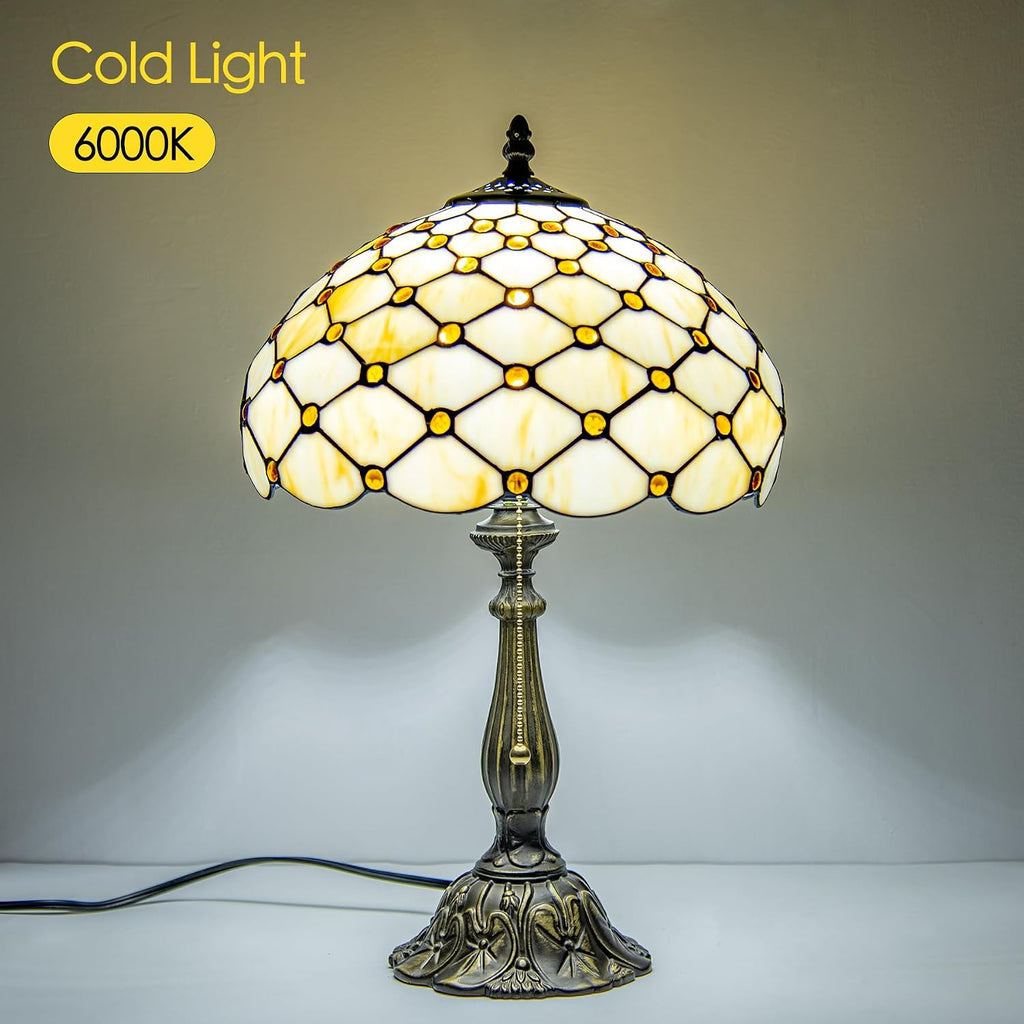 Tiffany Style Table Lamp, Amber White Bead Pearls Stained Glass Lamp with Antique Bronze Resin Base for Reading, Study, Bedside, Bedroom, Living Room, Office 12X12X19 Inch