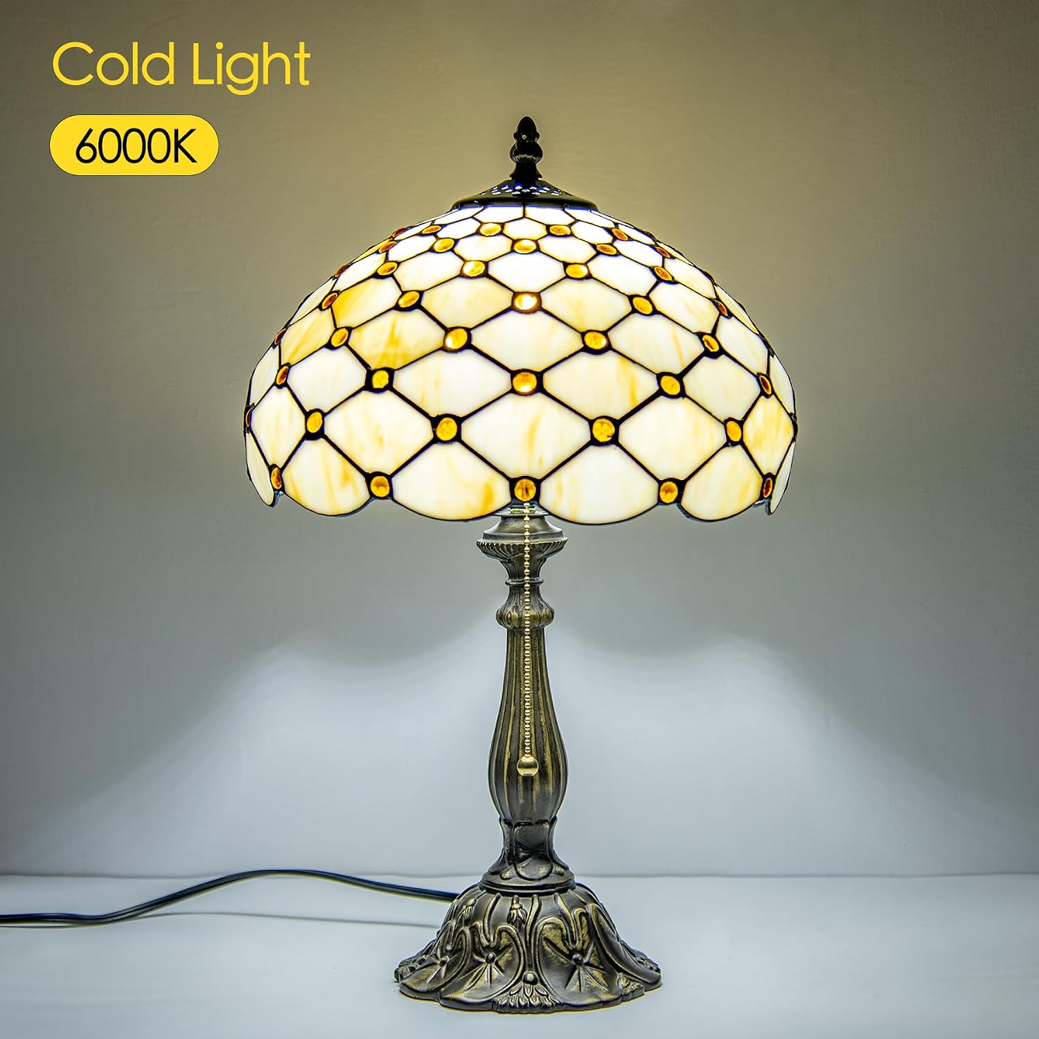 Tiffany Style Table Lamp, Amber White Bead Pearls Stained Glass Lamp with Antique Bronze Resin Base for Reading, Study, Bedside, Bedroom, Living Room, Office 12X12X19 Inch
