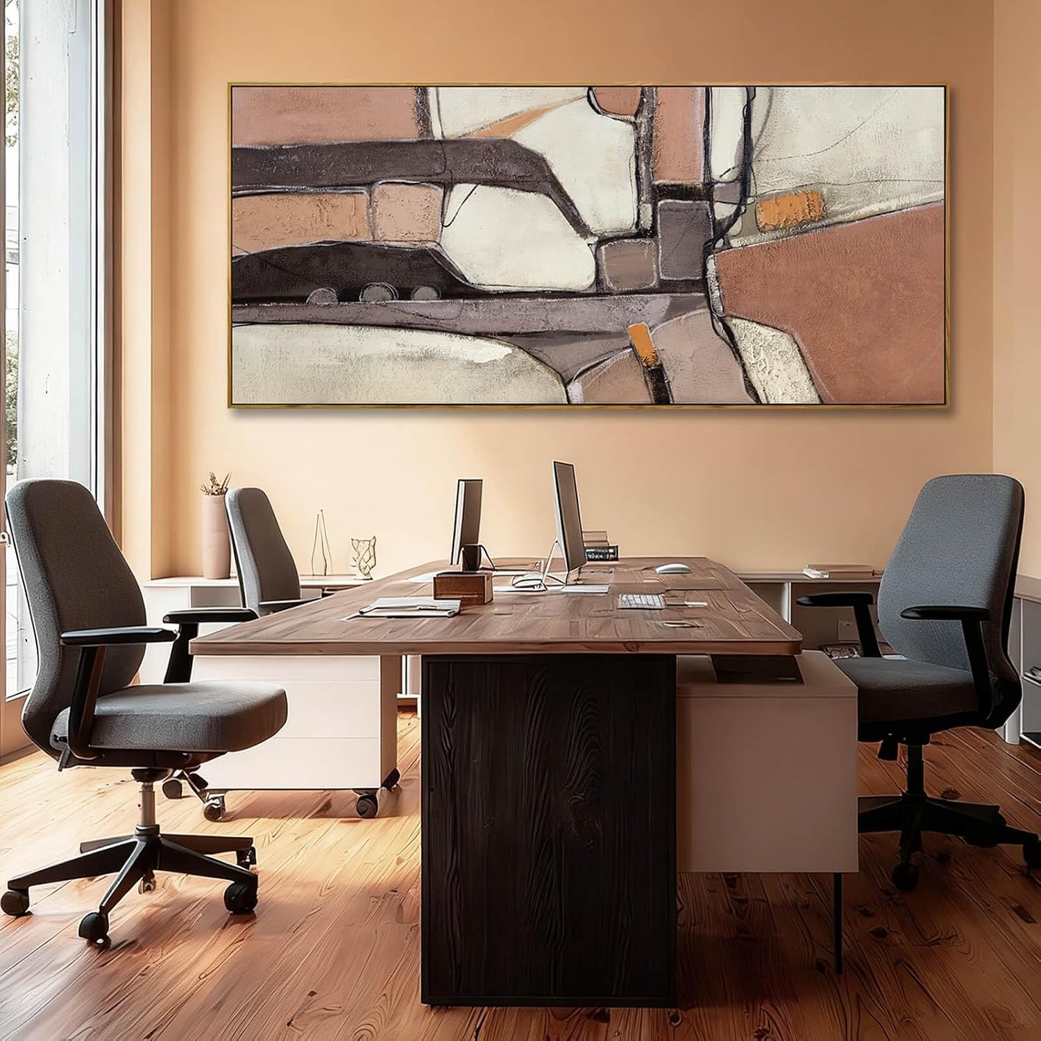 ZENPEE Brown & Grey Abstract Canvas Wall Art 32x71, Neutral Off-White Geometric Design with Wooden Frame, Modern Oversized wall art for living room