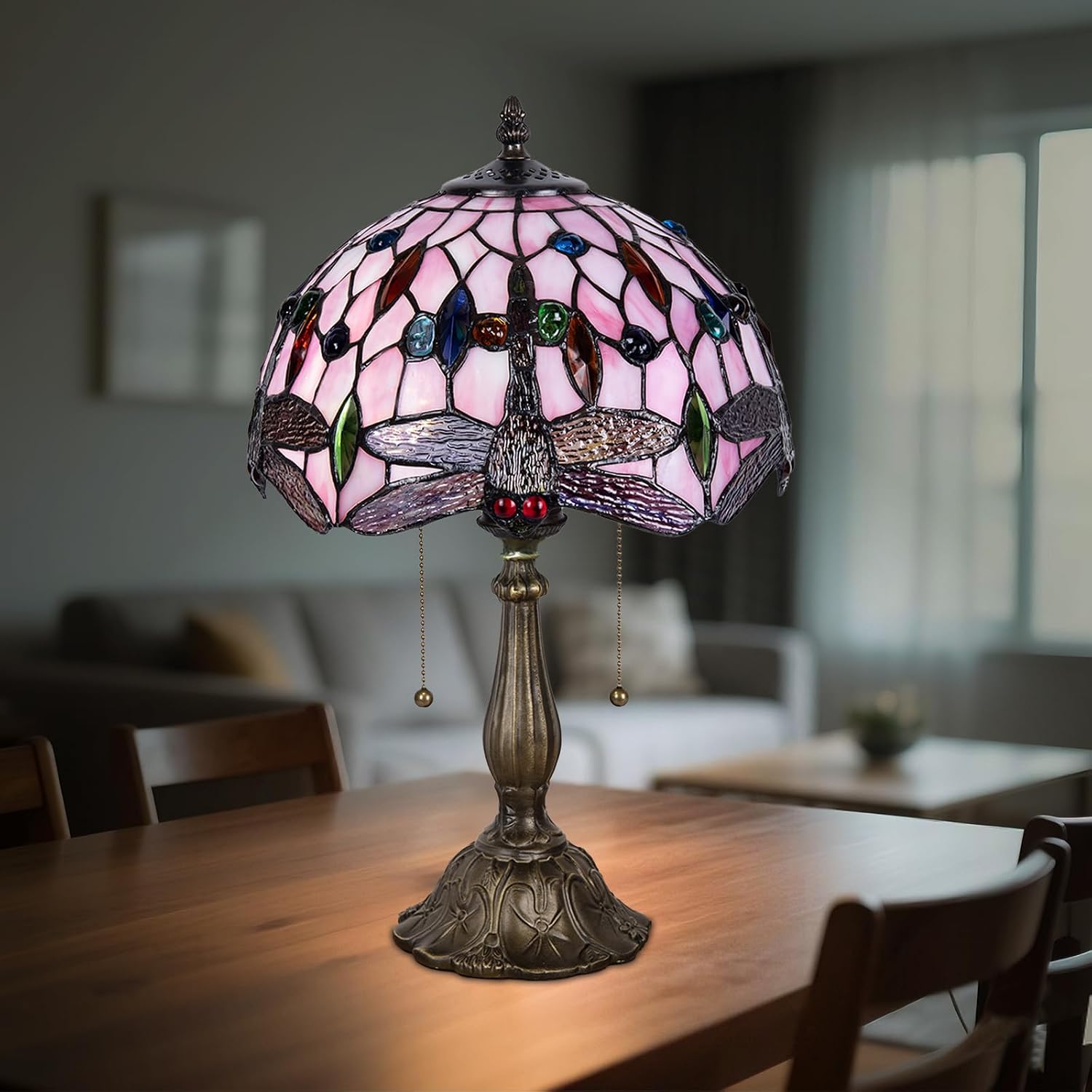 Tiffany Table Lamp, Pink Dragonfly Stained Glass Lamp,12 Inch Tiffany Style Lamp for Bedroom Living Room Home, Handcrafted Light, Included Bulb