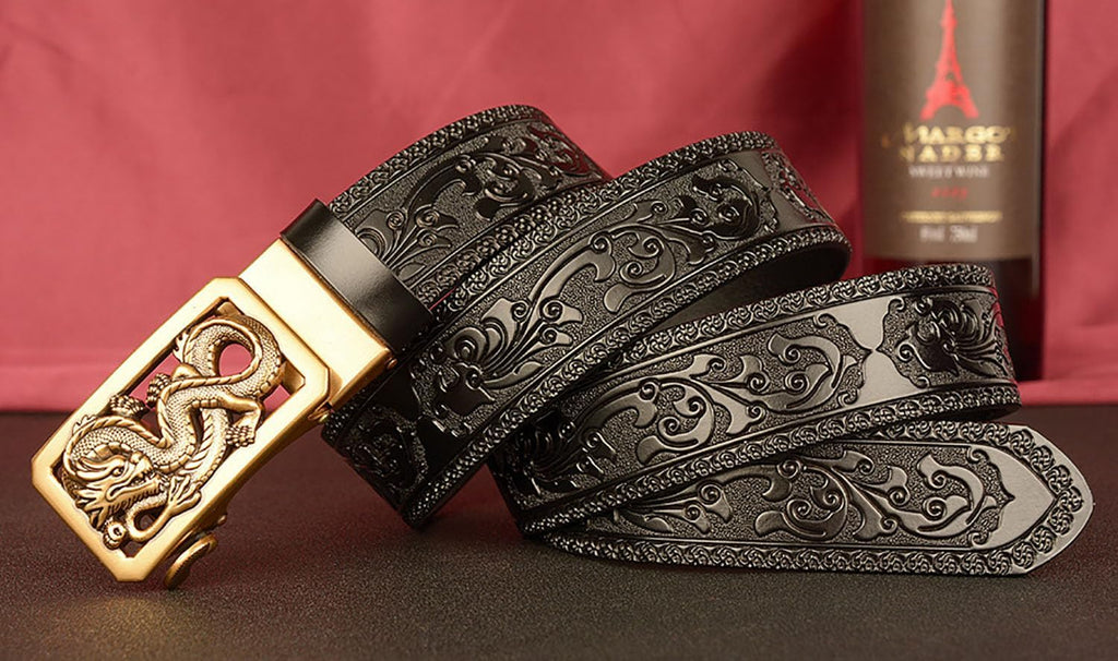 Mens Ratchet Leather Belt, Genuine Leather belts, Engraved Vintage Dragon Eagle Tiger Buckle, Business leisure belt