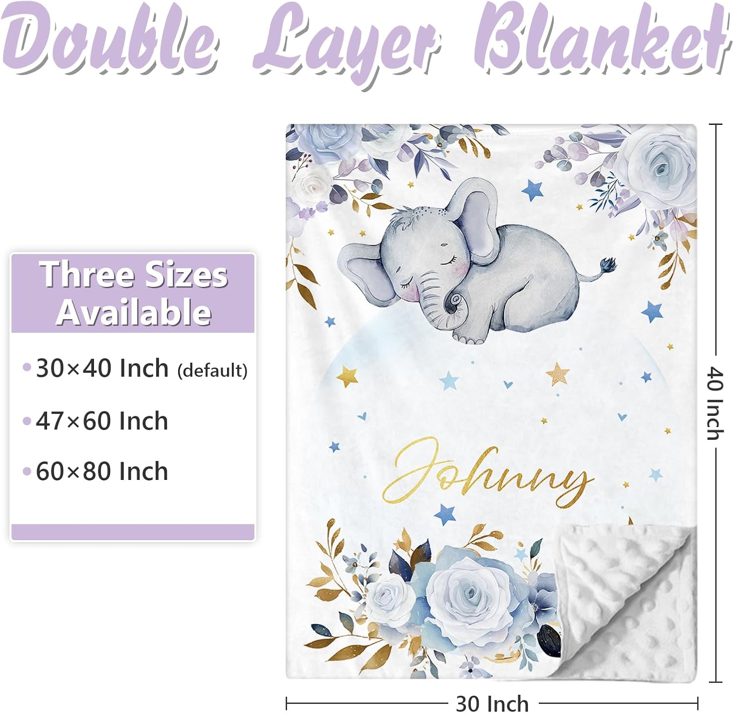 Personalized Baby Crib Bedding Set, 5 Pcs Custom Name Nursery Bedding Set for Girls Boys, Blue Elephant Baby Crib Set for Toddlers Infants, Double Layer Bedding Crib Sets Customized Gifts