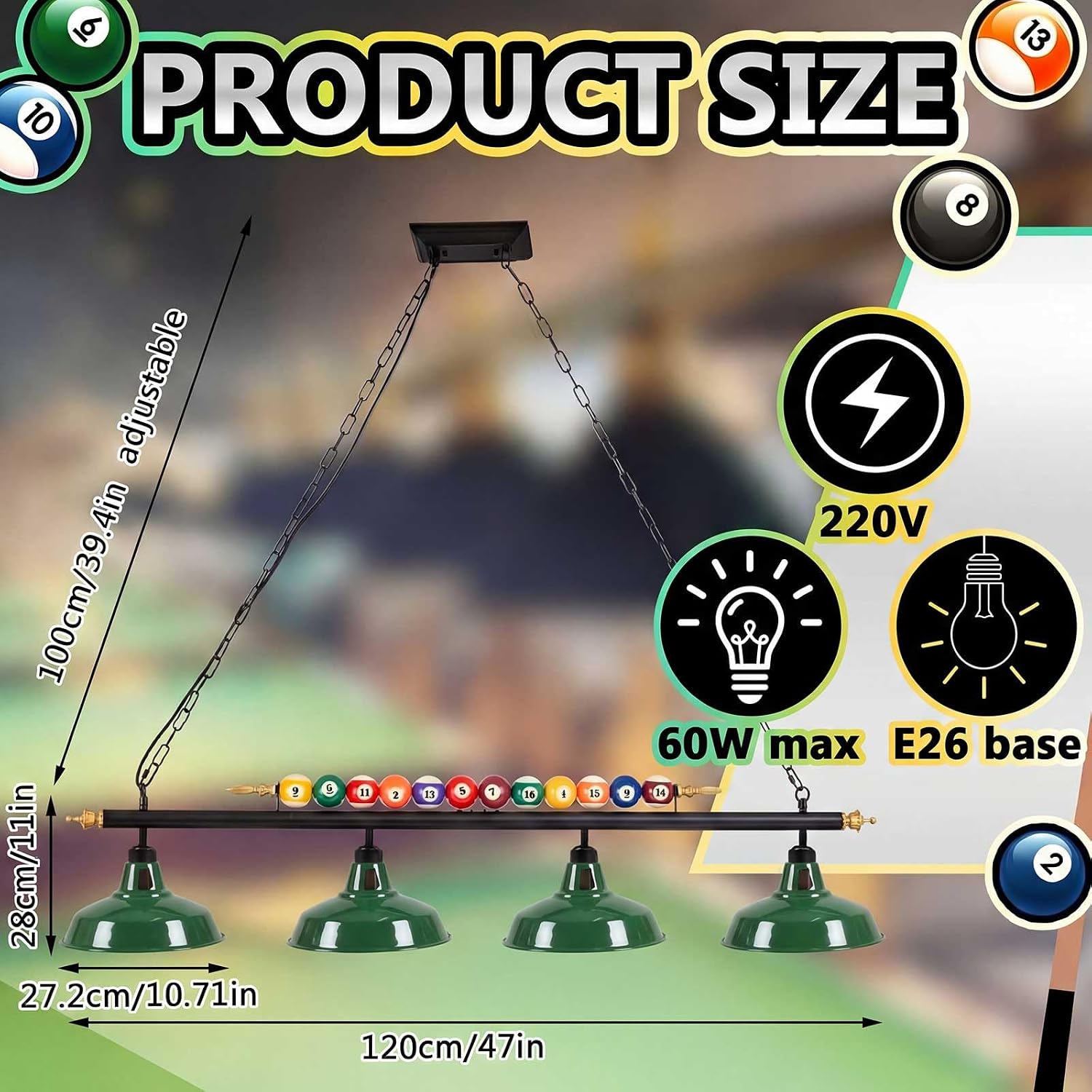 Rossesay Adjustable Pool Table Lights for 7'-8' Billiard Light Hanging Pool Table Fixture Lighting Pendant Lamp with Metal Shades for Game Rooms (Bulb Not Included)(Green,4 Lights)