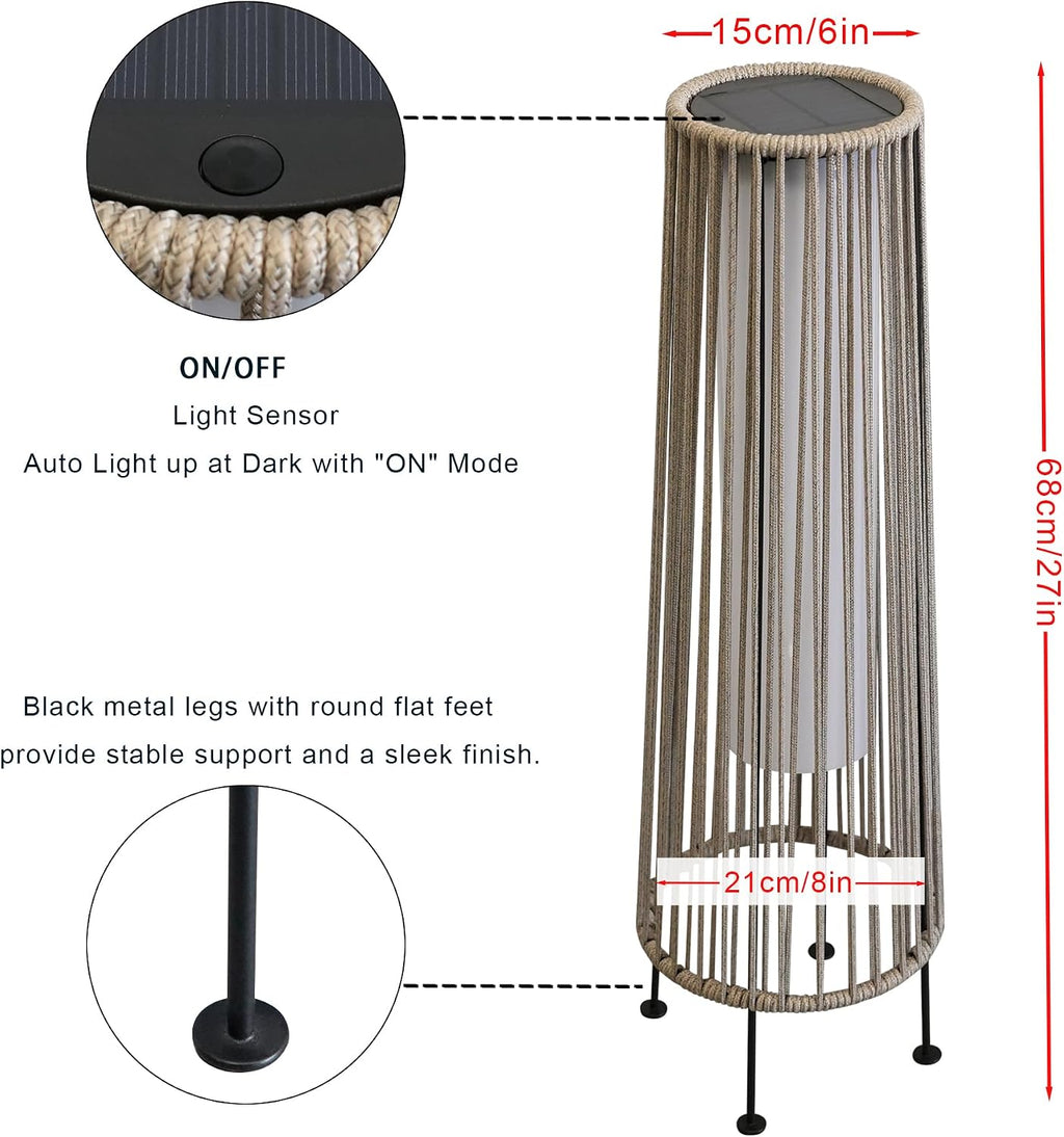 TRIROCKS Outdoor Floor Lamp 2 Piece Solar Powered Lantern Wicker Solar Patio Lamp with Olifen Rope Waterproof Rattan Outside Solar Deck Light for Patio Garden Lawn Yard (Grey)