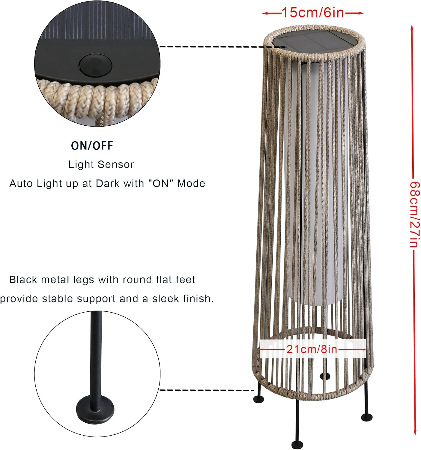 TRIROCKS Outdoor Floor Lamp 2 Piece Solar Powered Lantern Wicker Solar Patio Lamp with Olifen Rope Waterproof Rattan Outside Solar Deck Light for Patio Garden Lawn Yard (Grey)