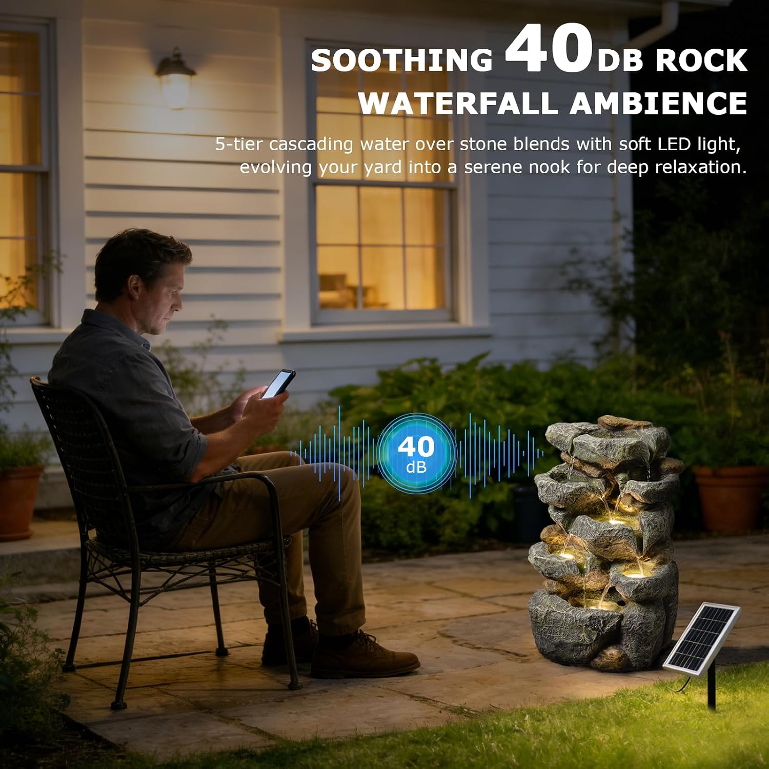 Solar Water Fountain Outdoor Garden,5 Tiered Cascading Rock Solar Powered Water Fountain Water Fall Fountains Outside with Lights for Backyard, Patio, Deck, Porch, 19.3' H x 12.2' L x 9.5' W
