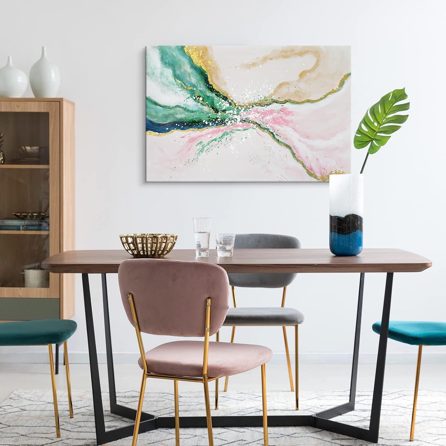 7Fisionart Abstract Large Wall Decor for Bedroom Emerald Green and Gold Paintings Pink Canvas Art Pictures Prints Poster Modern Framed Artwork Office Living Room Kitchen Decorations 48'x32'