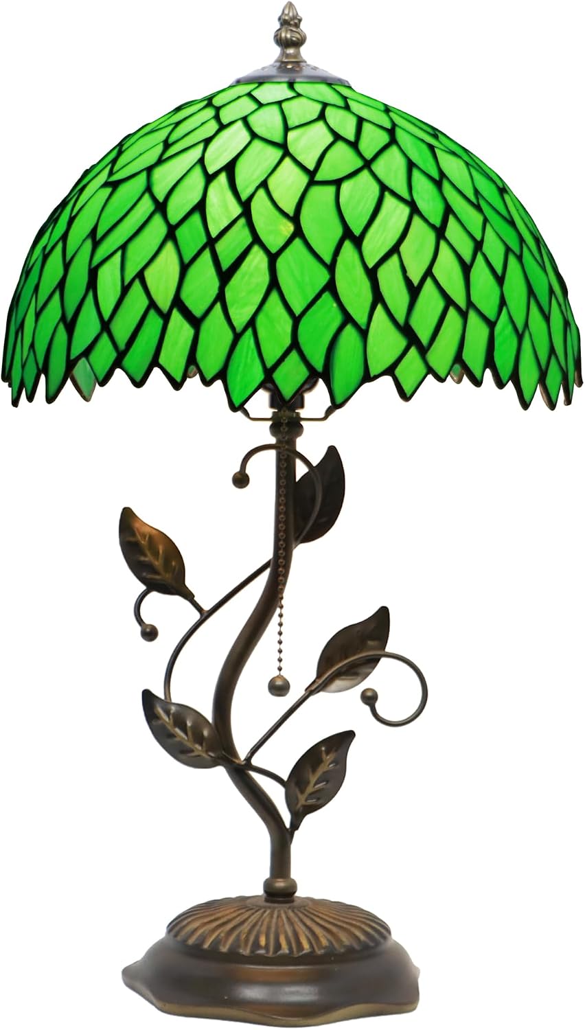 Tiffany Table Lamp, Stained Glass Desk Light, W12H19 Inch, Metal Leaf Base (Green Wisteria)