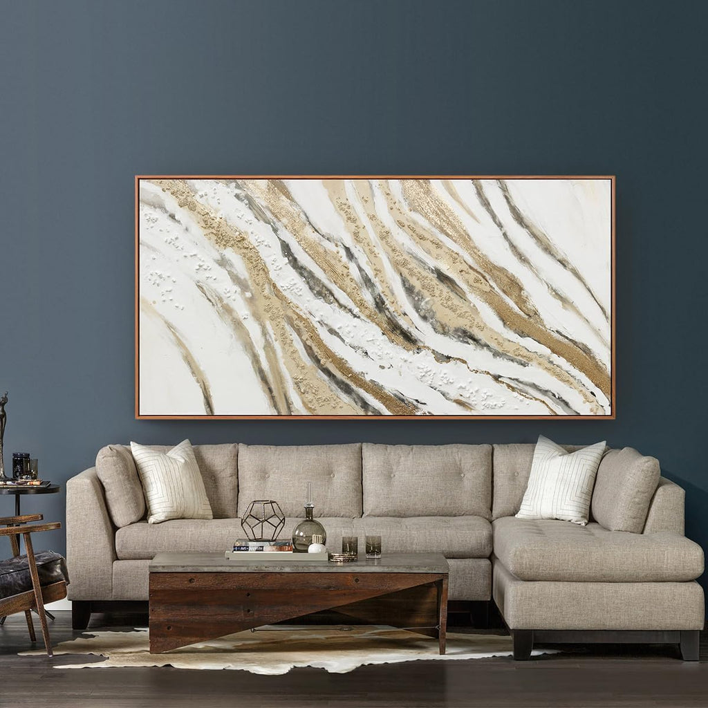 Abstract Canvas Wall Art Large Size Modern Art Paintings Abstract Painting With Golden And White Lines Minimalist Artwork Decor For Living Room Bedroom Corridor Framed 29' X 58'