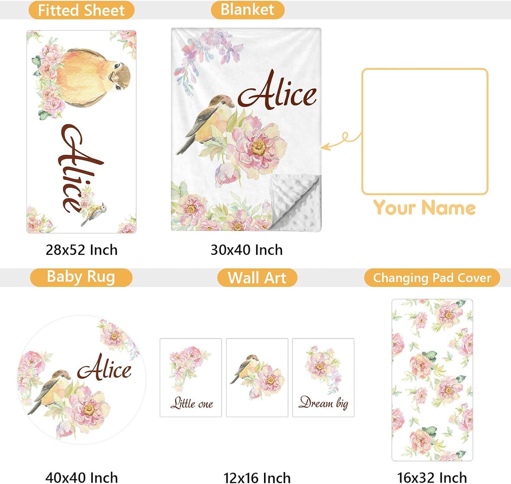 Terwex Custom Baby Bedding Set - 5 Pcs Customized Nursery Bedding Set with Name - Comfortable Double Layer Crib Sets for Girls Boys - Personalized Gifts for Infants Toddlers New Parents - Floral Bird