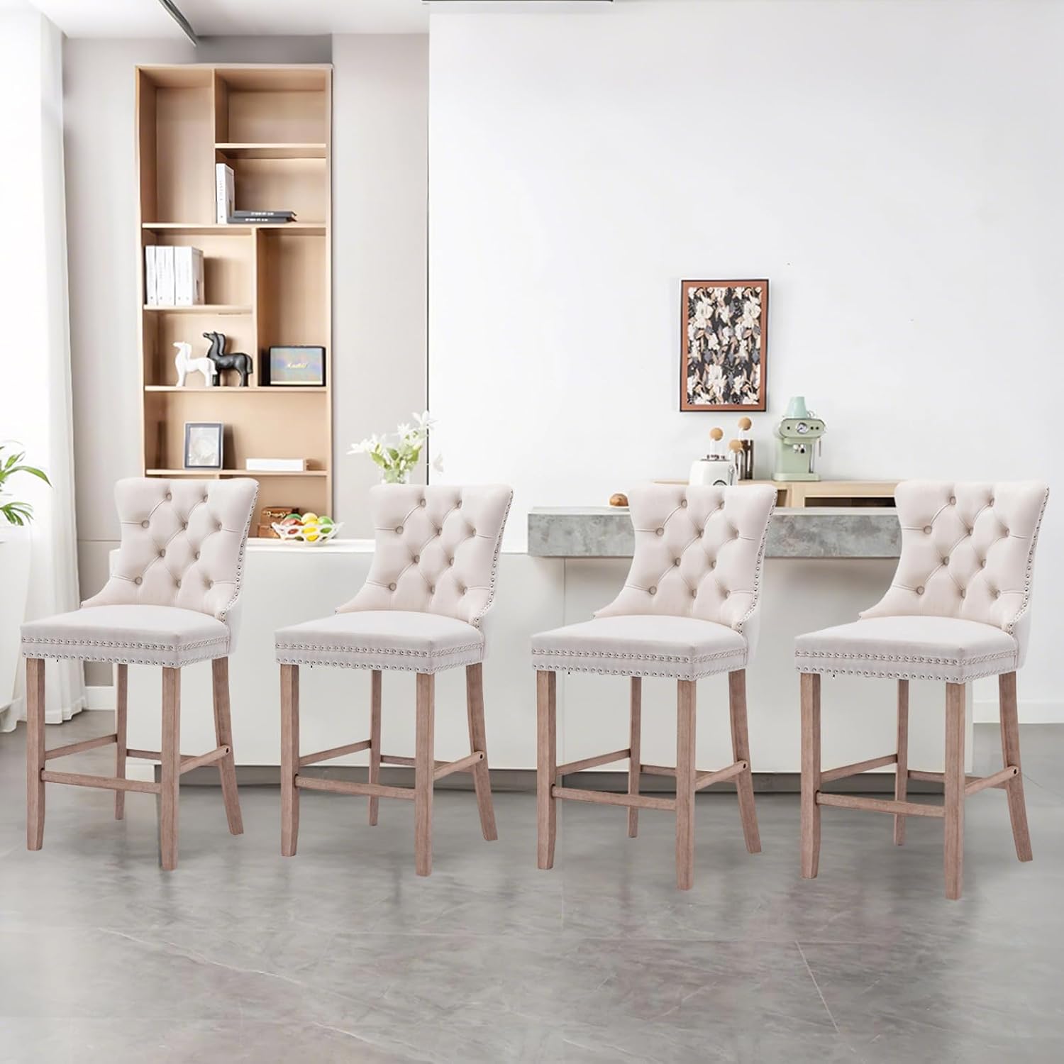 Elegant Velvet Bar Stools Set of 2,Delicate Upholstered Counter Height Barstool with Backrest,Wooden Legs Design for Kitchen Islands & Pubs（ Beige ）
