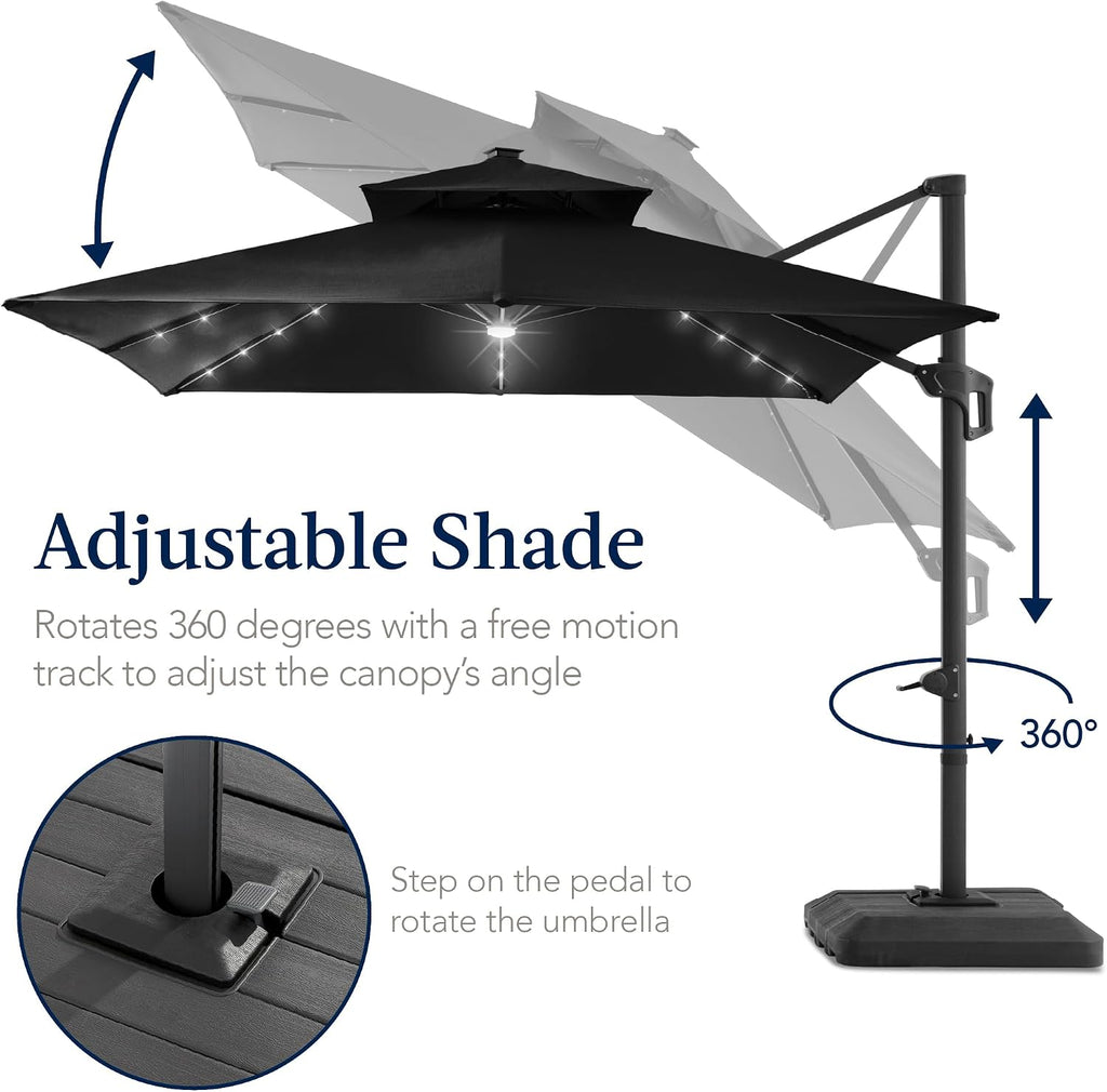 Best Choice Products 9x12ft LED Cantilever Patio Umbrella w/Base Included & 360° Rotation, Large Solar Offset Hanging Outdoor Sun Shade for Deck, Backyard Table w/Stand & Lights – Black