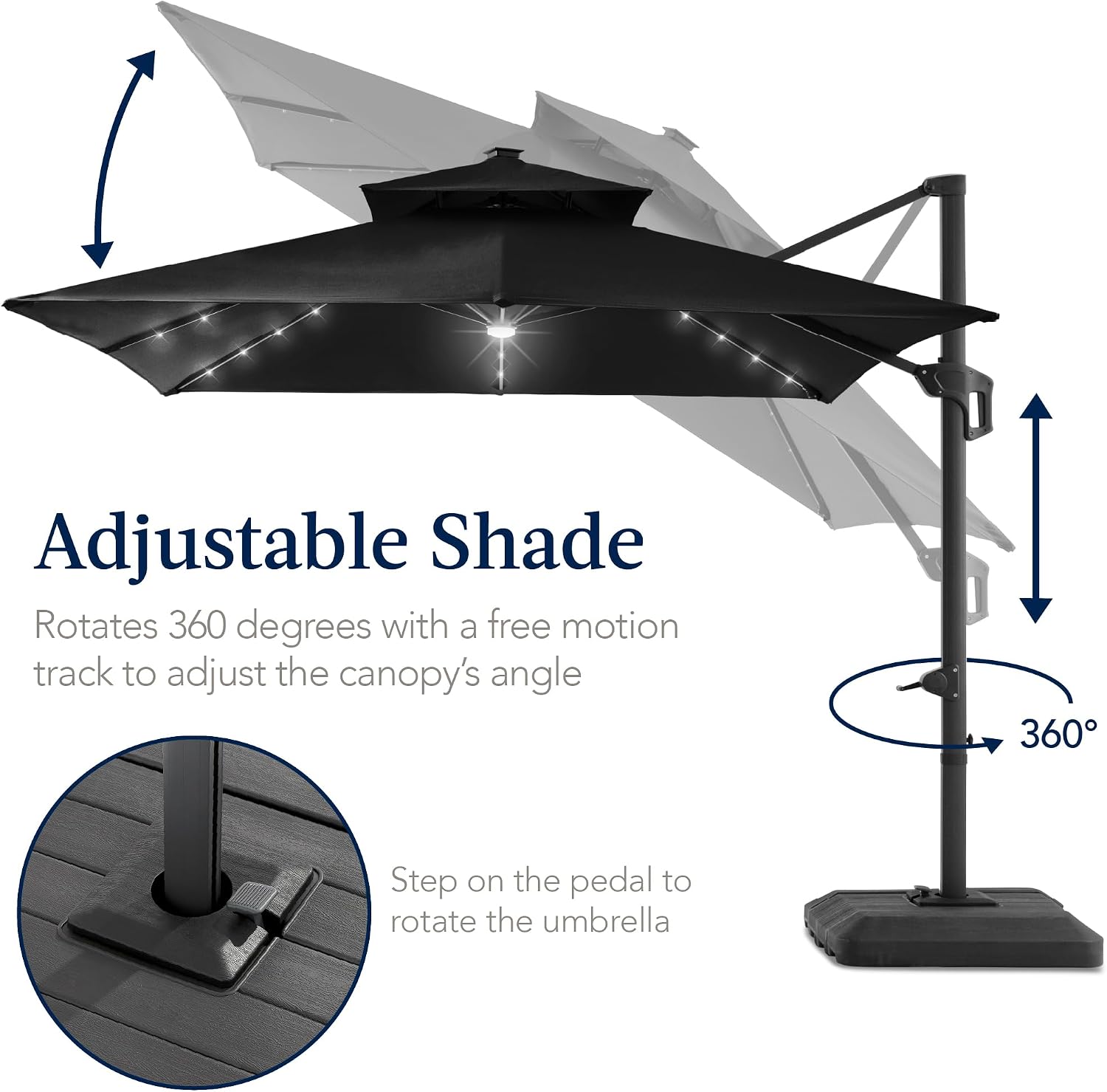 Best Choice Products 9x12ft LED Cantilever Patio Umbrella w/Base Included & 360° Rotation, Large Solar Offset Hanging Outdoor Sun Shade for Deck, Backyard Table w/Stand & Lights – Black