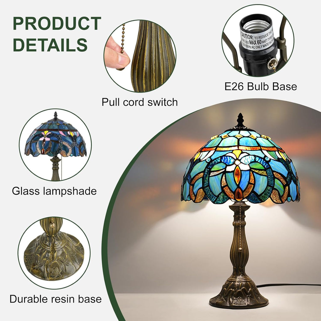 MOAN Lamp Stained Glass Table Lamp 12X12X19 Inch Bedside Reading Light Antique Bronze Base(Blue Baroque Style)