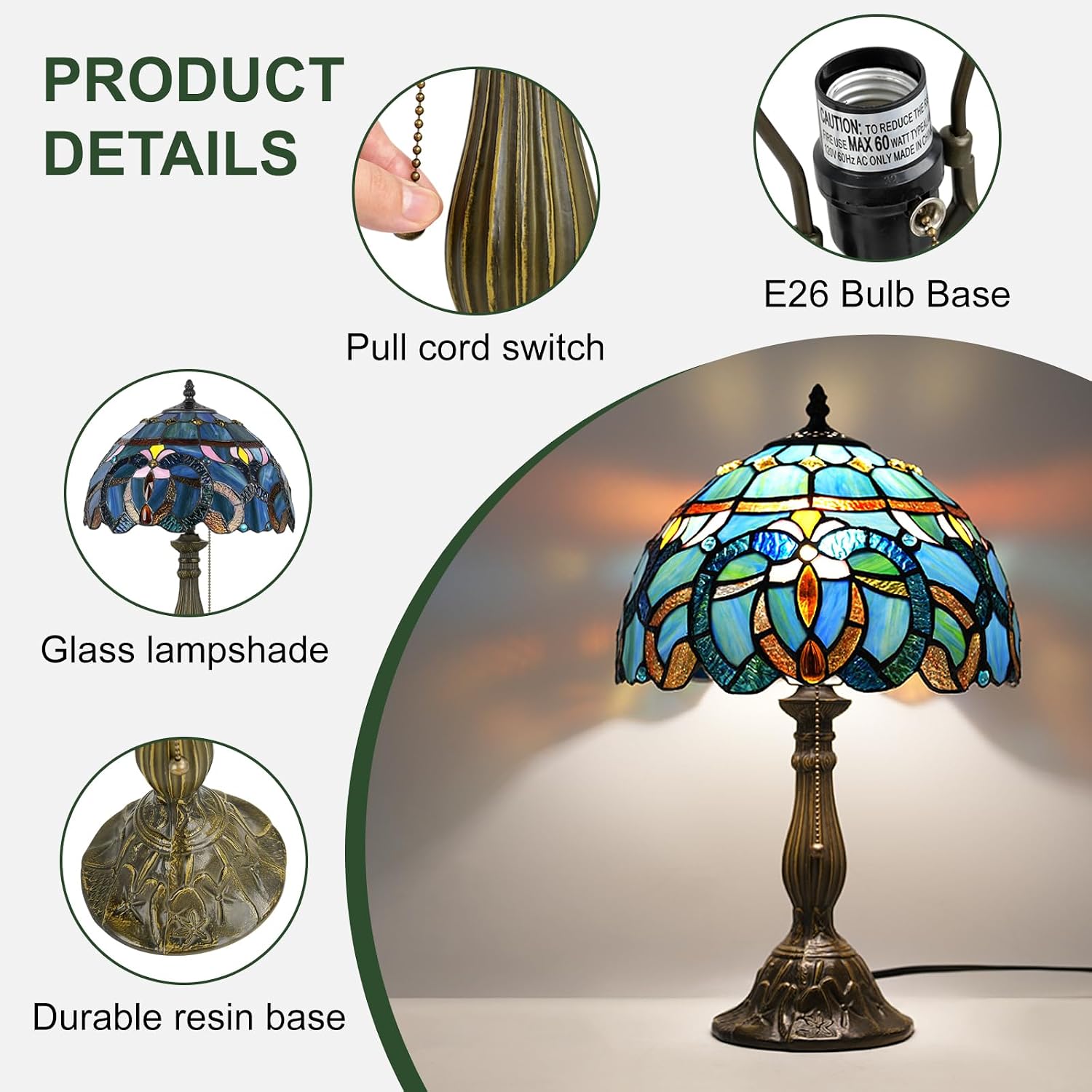 MOAN Lamp Stained Glass Table Lamp 12X12X19 Inch Bedside Reading Light Antique Bronze Base(Blue Baroque Style)