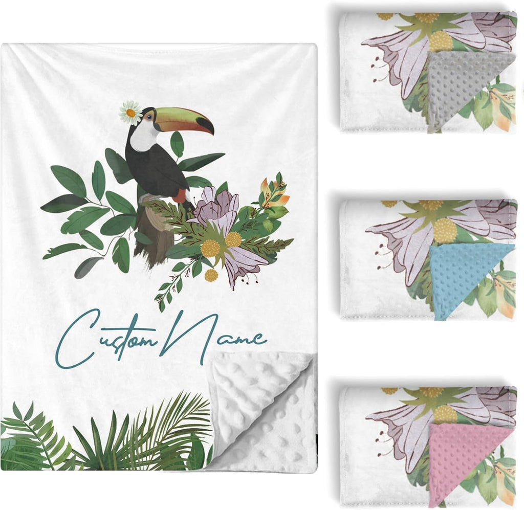 Custom Baby Crib Bedding Set, 5 PCS Personalized Name Baby Crib Sets for Girls Boys, Toucan Theme Nursery Bedding Sets for Infant Toddler, Double Layer Flannel Bed Set Customized Gifts