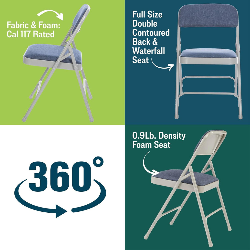 Premium Padded Portable Folding Chairs by National Public Seating – 2200 Series Upholstered, Heavy-Duty Foldable Chairs for Indoor & Outdoor Use – Set of 4, Comfortable & Durable, Blue-Grey