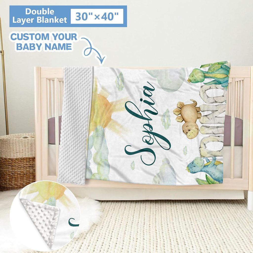 KAINSY Personalized Baby Crib Bedding Set, 5 Pcs Custom Set With Name, Soft Double Layer Nursery Bedding, Flannel Dinosaur Set for Boys, Toddlers Newborns Customized Gift